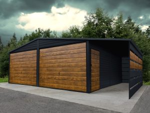 „Black” modell – 8×6 m-es lemezgarázs 2 m-es oldalsó előtetővel