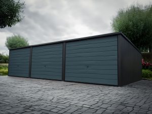 „Triplo” modell – 9 × 5 m-es háromállásos lemezgarázs, Színkombináció: matt fekete + matt grafit