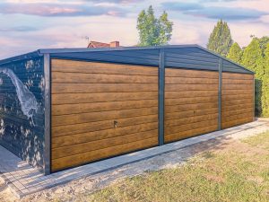 „Orion” modell – 9 × 5 m-es háromállásos lemezgarázs, Színkombináció: matt grafit + rusztikus tölgy
