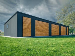Fémgarázs / Acélcsarnok 14×6 m, matt fekete + rusztikus tölgy, megemelt szerkezettel, Setia modell