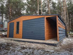 Lemezgarázs 6×5,5 m, 1 m-es előtetővel – rusztikus tölgy + matt grafit, modell: Zavi