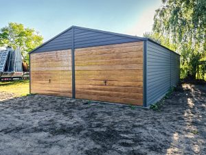 6x8 m-es kétszárnyú lemezgarázs két autó számára – Grafit és rusztikus tölgy kivitelben, Akme modell